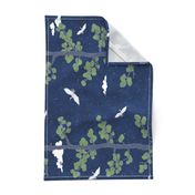 Forest Fabric, Crane Fabric | Indigo Japanese print fabric, bird fabric (large scale, 'railroad')
