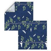 Forest Fabric, Crane Fabric | Indigo Japanese print fabric, bird fabric (large scale, 'railroad')