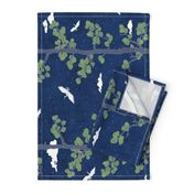 Forest Fabric, Crane Fabric | Indigo Japanese print fabric, bird fabric (large scale, 'railroad')