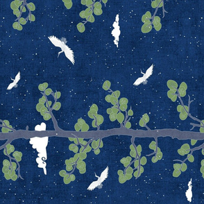 Forest Fabric, Crane Fabric | Indigo Japanese print fabric, bird fabric (large scale, 'railroad')