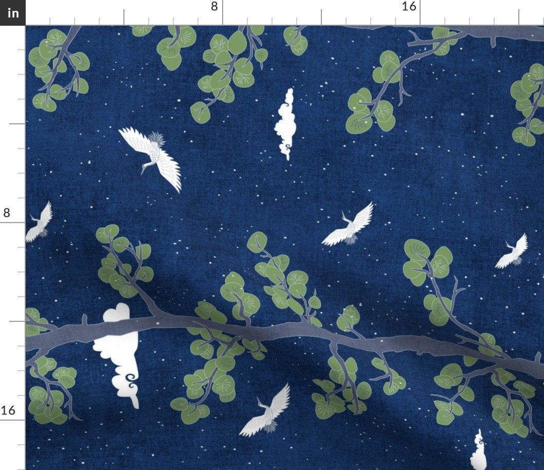 Forest Fabric, Crane Fabric | Indigo Japanese print fabric, bird fabric (large scale, 'railroad')