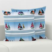 nautical sailboats stripes  colorful blue sky ocean waves 