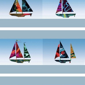 nautical sailboats stripes  colorful blue sky ocean waves 