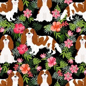 cavalier king charles spaniel dog fabric - blenheim hawaiian tropical florals - black