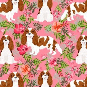 cavalier king charles spaniel dog fabric - blenheim hawaiian tropical florals - pink