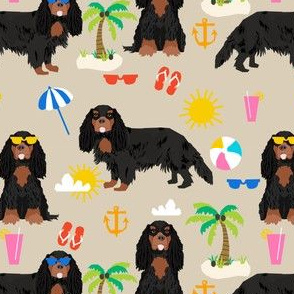cavalier king charles spaniel dog fabric - black and tan summer beach day design - sand
