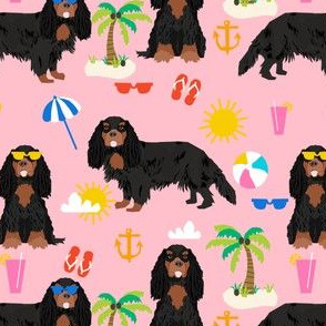 cavalier king charles spaniel dog fabric - black and tan summer beach day design - pink