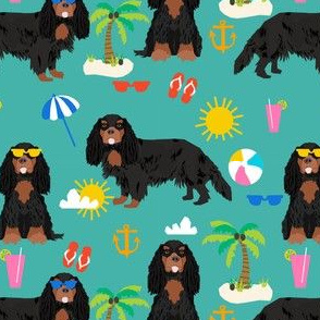 cavalier king charles spaniel dog fabric - black and tan summer beach day design - turquoise
