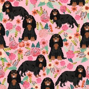 cavalier king charles spaniel dog florals fabric cute dog design - black and tan - pink