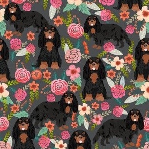 cavalier king charles spaniel dog florals fabric cute dog design - black and tan - charcoal