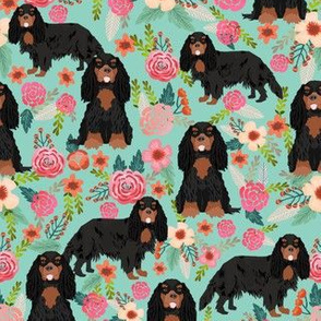 cavalier king charles spaniel dog florals fabric cute dog design - black and tan - turquoise