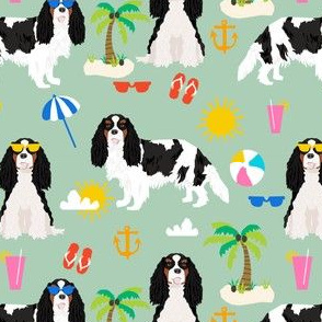 cavalier king charles spaniel beach day fabric - tricolored cavalier dog design - mint
