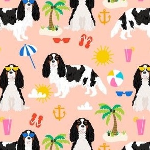 cavalier king charles spaniel beach day fabric - tricolored cavalier dog design - peach