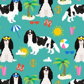 cavalier king charles spaniel beach day fabric - tricolored cavalier dog design - turquoise