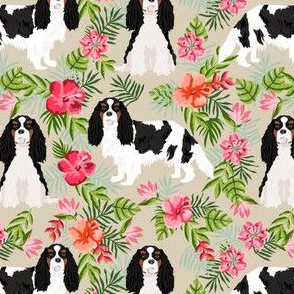 cavalier king charles spaniel dog fabric - tricolored hawaiian tropical florals - sand