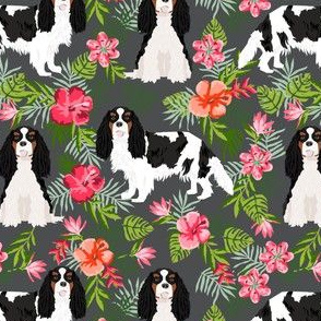 cavalier king charles spaniel dog fabric - tricolored hawaiian tropical florals - charcoal