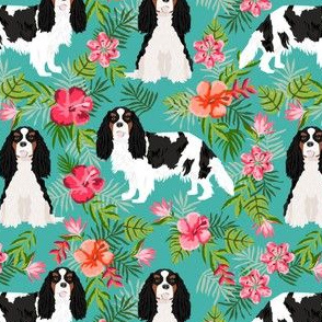 cavalier king charles spaniel dog fabric - tricolored hawaiian tropical florals - turquoise