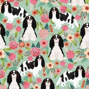 cavalier king charles spaniel dog florals fabric cute dog design - tricolored - mint