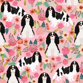 cavalier king charles spaniel dog florals fabric cute dog design - tricolored - light pink