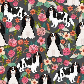 cavalier king charles spaniel dog florals fabric cute dog design - tricolored - charcoal