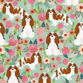 cavalier king charles spaniel dog florals fabric cute dog design - blenheim - mint