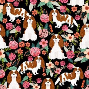 cavalier king charles spaniel dog florals fabric cute dog design - blenheim - black
