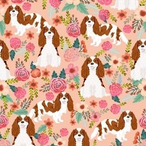 cavalier king charles spaniel dog florals fabric cute dog design - blenheim - peach
