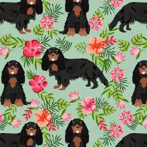 cavalier king charles spaniel dog fabric - black and tan hawaiian tropical florals - mint