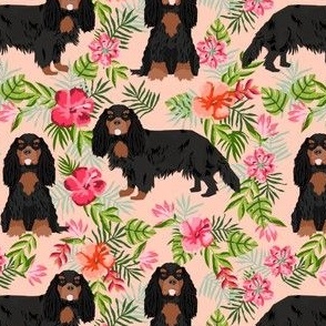 cavalier king charles spaniel dog fabric - black and tan hawaiian tropical florals - peach