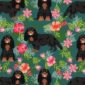 cavalier king charles spaniel dog fabric - black and tan hawaiian tropical florals - dark green