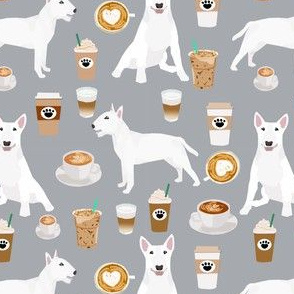 bull terrier coffee dog fabric - cute coffees and dogs design - white bull terriers - grey