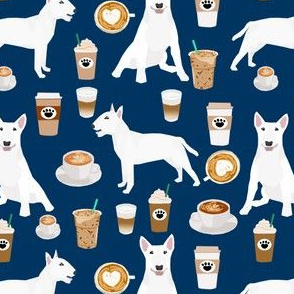 bull terrier coffee dog fabric - cute coffees and dogs design - white bull terriers - navy