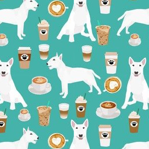 bull terrier coffee dog fabric - cute coffees and dogs design - white bull terriers - turquoise