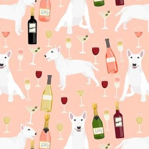 bull terrier wine dog fabric - wine and drinks and dogs design - white bull terriers - peach