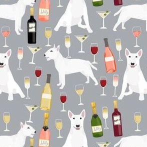 bull terrier wine dog fabric - wine and drinks and dogs design - white bull terriers - grey