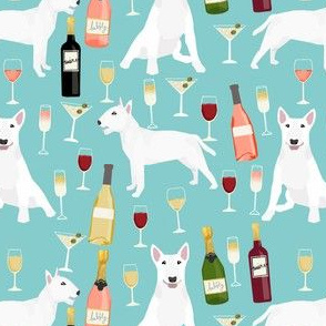bull terrier wine dog fabric - wine and drinks and dogs design - white bull terriers - light blue