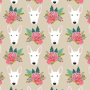 bull terrier floral dog head design - cute floral fabric - white bull terrier fabric - sand