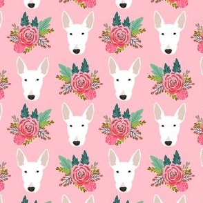 bull terrier floral dog head design - cute floral fabric - white bull terrier fabric - pink