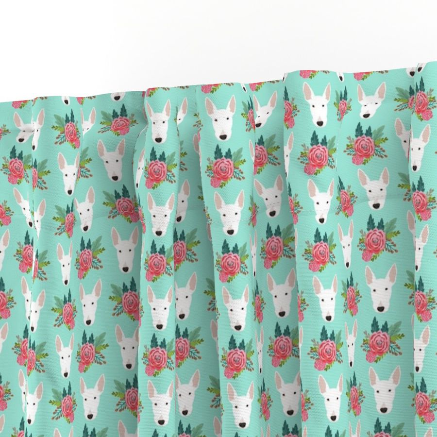 bull terrier floral dog head design - cute floral fabric - white bull terrier fabric - aqua