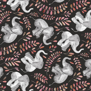 Rotated Laughing Baby Elephants with coral leaves - large print