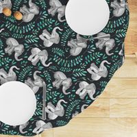 Rotated Laughing Baby Elephants with Emerald and Turquoise leaves - large print