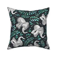Rotated Laughing Baby Elephants with Emerald and Turquoise leaves - large print