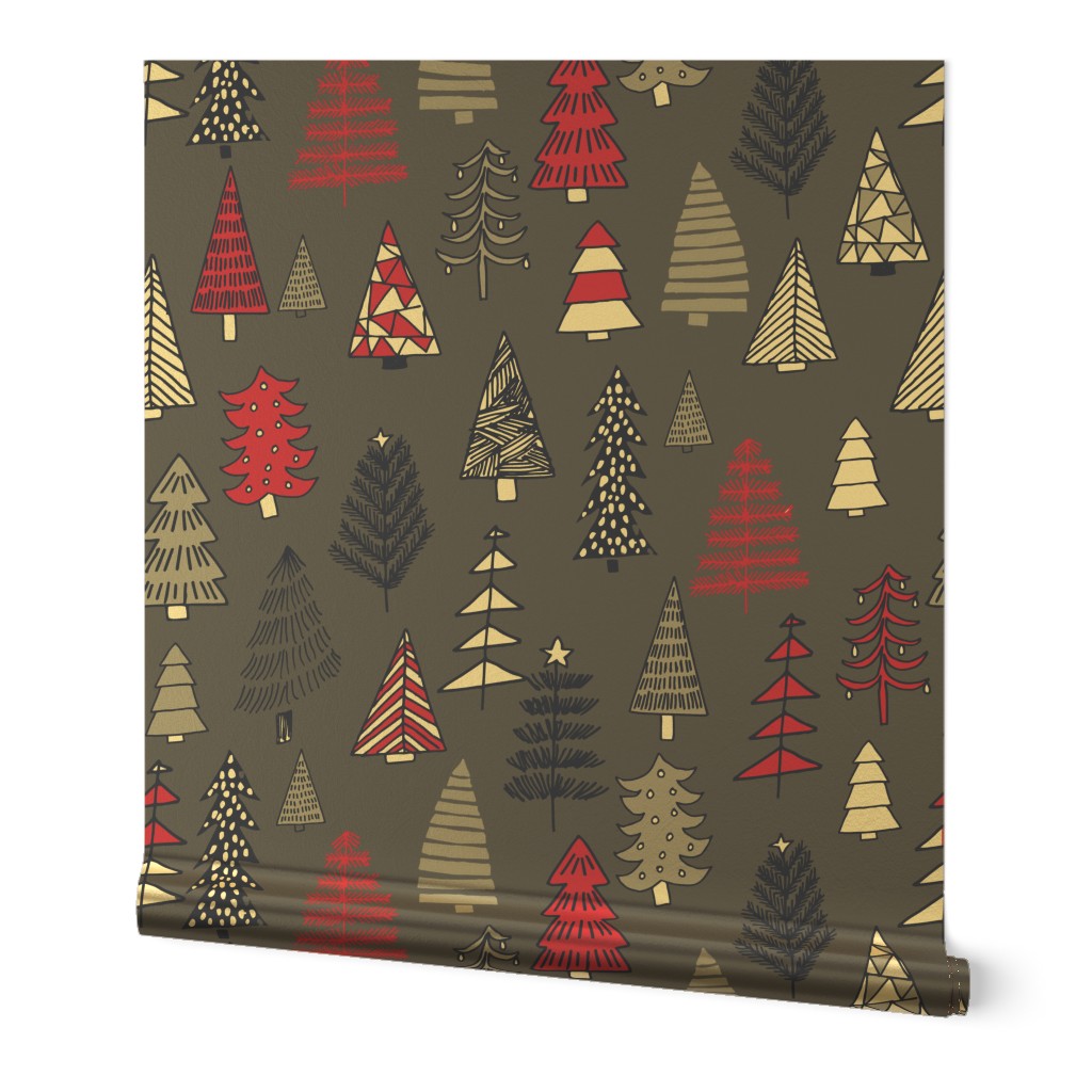 Christmas trees holiday fabric pattern grey
