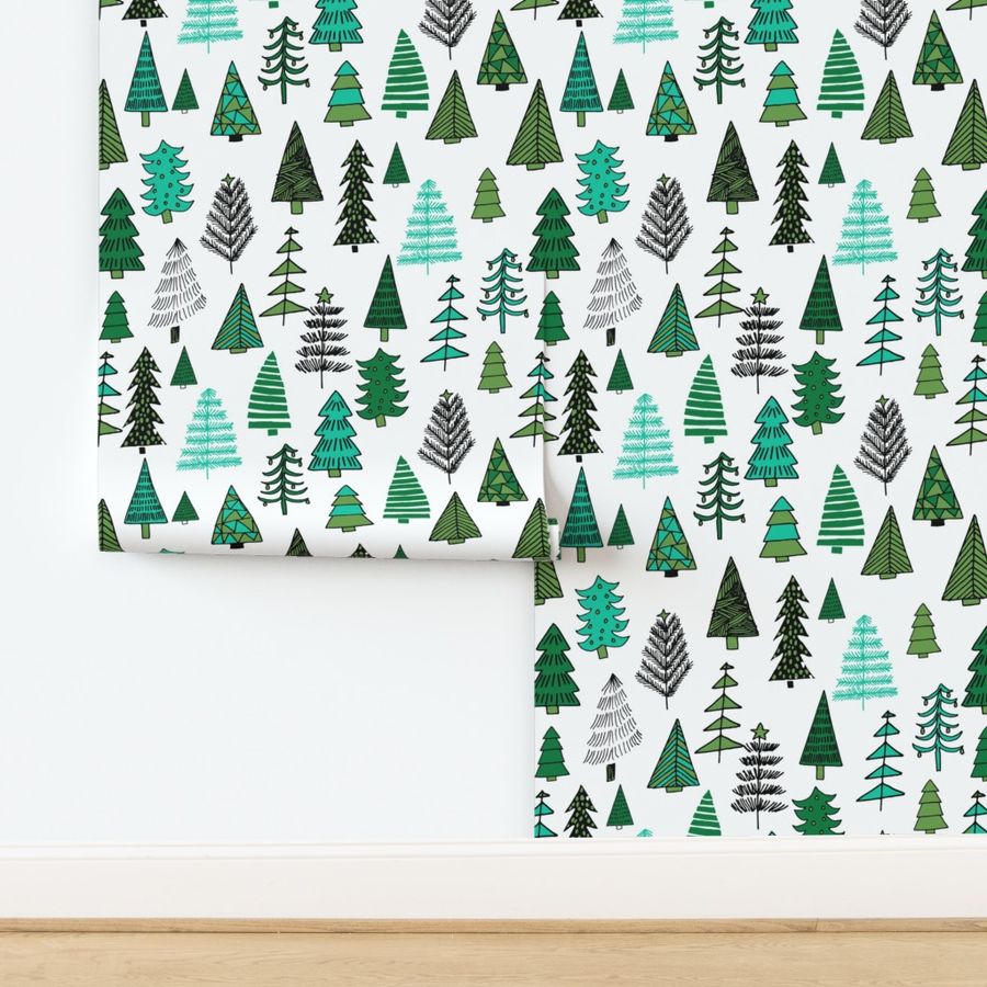 Christmas trees holiday fabric pattern white green 