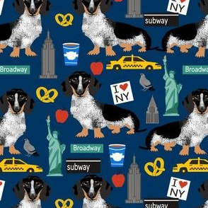 doxie piebald nyc - black and white dachshund travel dog - navy