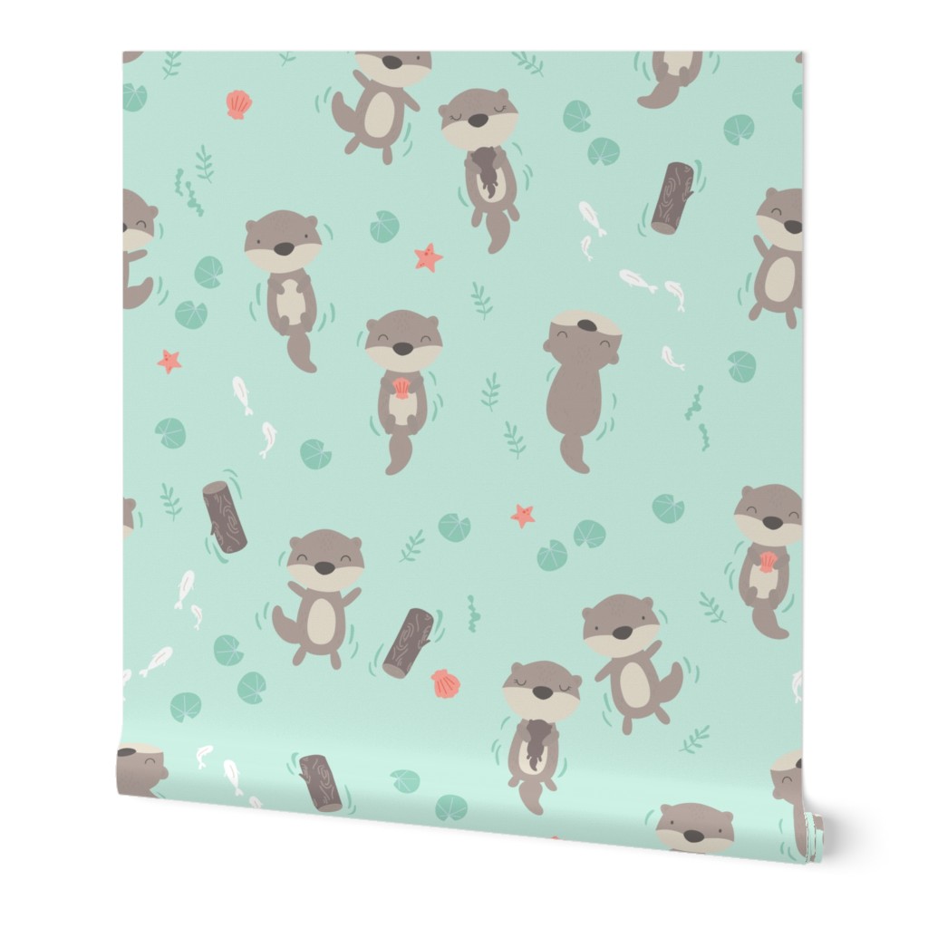 Cute otters in the water - mint