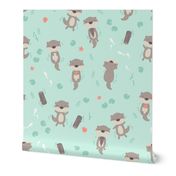 Cute otters in the water - mint