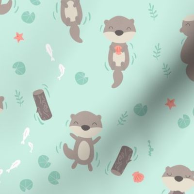 Cute otters in the water - mint