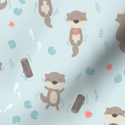 Cute otters in the water - blue