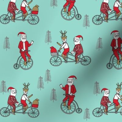 Santa Claus bicycle with reindeer christmas fabric light mint